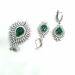 خرید نیم ست نقره ارزان با نگین سبز طرح طلا سفید ✅