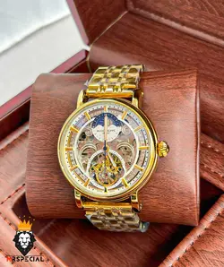 ساعت مچی مردانه پتک فیلیپ اتوماتیک اسکلتون طلایی صفحه سفید Patek Philippe 9652 - فروشگاه ساعت مستر اسپشیال