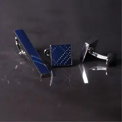 ست دکمه سردست و گیره کراوات نقره ای آبی طرح ستاره مدل S7