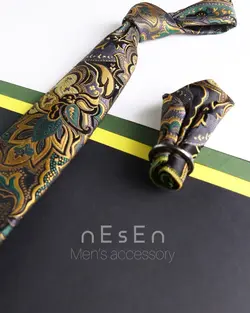 ست کراوات و دستمال جیب مردانه | سبز طلایی طوسی | طرح بته جقه