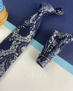 ست کراوات و دستمال جیب مردانه | سرمه ای طرح برگ