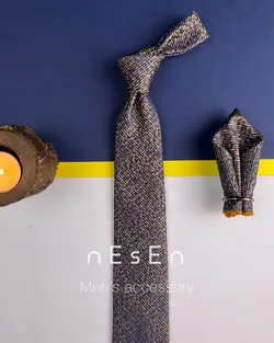 ست کراوات و دستمال جیب مردانه بژ سرمه ای