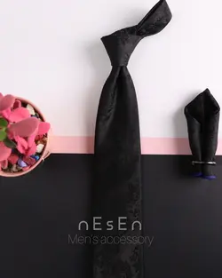 ست کراوات و دستمال جیب مردانه | مشکی | طرح بته جقه