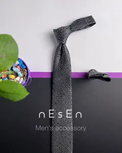 ست کراوات و دستمال جیب مردانه طوسی