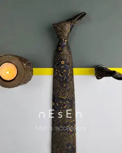 ست کراوات و دستمال جیب مردانه طوسی طلایی