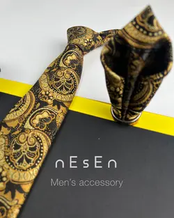 ست کراوات و دستمال جیب مردانه مشکی طلایی
