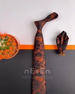 ست کراوات و دستمال جیب مردانه مشکی نارنجی