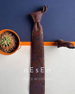ست کراوات و دستمال جیب مردانه نارنجی سرمه ای