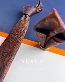 ست کراوات و دستمال جیب مردانه نارنجی سرمه ای