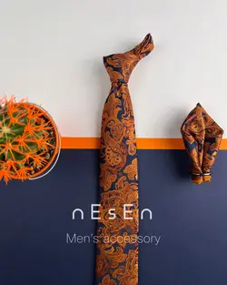 ست کراوات و دستمال جیب مردانه نارنجی سرمه ای
