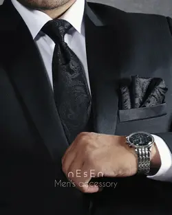 ست کراوات و دستمال‌جیب مردانه نسن | طرح بته‌جقه مشکی T89 - کراوات نسن