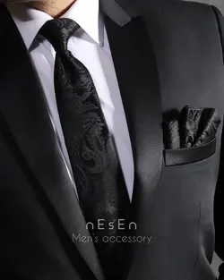 ست کراوات و دستمال‌جیب مردانه نسن | طرح بته‌جقه مشکی T89 - کراوات نسن