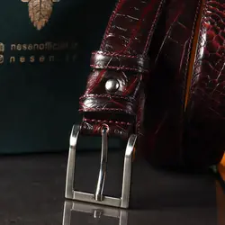 خرید آنلاینکمربند مردانه چرم طبیعی نسن - طرح کروکودیل زرشکی مدل زبانه‌دار KK2 - کراوات نسن