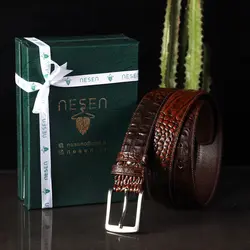 خرید آنلاینکمربند مردانه چرم طبیعی نسن - طرح کروکودیل قهوه‌ای روشن مدل زبانه‌دار KK1 - کراوات نسن