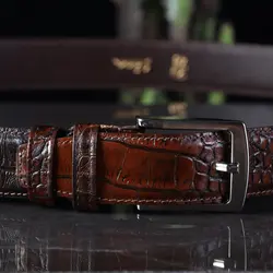 خرید آنلاینکمربند مردانه چرم طبیعی نسن - طرح کروکودیل قهوه‌ای روشن مدل زبانه‌دار KK1 - کراوات نسن