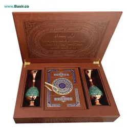 مجموعه نفیس کتاب قرآن چرمی همراه با دو گلدان فیروزه و جعبه