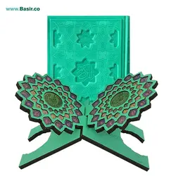 کتاب قرآن لبه رنگی جلد برجسته سبز همراه با رحل نفیس