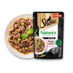 پوچ گربه شبا با طعم سالمون،نخود فرنگی و هویج در سس_Sheba nature's collection,salmon,whole peas and carrots in sauce