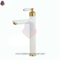 شیر روشویی پایه بلند کرومات مدل روژا سفید طلایی