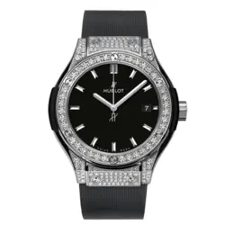 ساعت مچی زنانه هابلوت سیلور صفحه مشکی فول نگین Hublot Diamonds Silver Black Screen Full Jewel