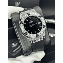 ساعت مچی زنانه هابلوت سیلور صفحه مشکی فول نگین Hublot Diamonds Silver Black Screen Full Jewel