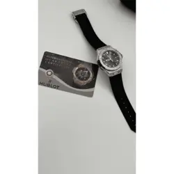 ساعت مچی زنانه هابلوت سیلور صفحه مشکی فول نگین Hublot Diamonds Silver Black Screen Full Jewel