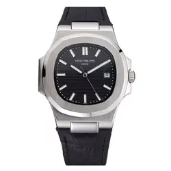 ساعت مچی مردانه پتک فیلیپ ناتیلوس بند چرمی صفحه مشکی Patek Philippe Nautilus Leather Black Screen