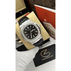 ساعت مچی مردانه پتک فیلیپ ناتیلوس بند چرمی صفحه مشکی Patek Philippe Nautilus Leather Black Screen