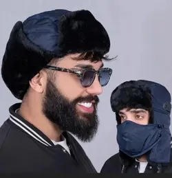 کلاه طرح روسی خلبانی خزدار همراه ماسک رنگ سرمه ای