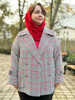 پالتو کتی سایز بزرگ پشمی آستردار دخترانه چهارخونه توسی قرمز