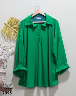 شومیز مجلسی یقه شکاری دکمه نما آستین پاگن دار سایز بزرگ