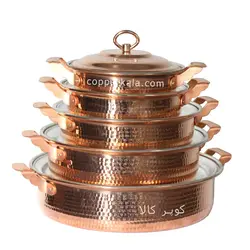 سرویس ماهیتابه مسی ووک ارتفاع بلند 5 سایز درب دار دسته مسی زنجان