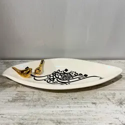 دیس پذیرایی / شیرینی خوری سرامیکی بیضی لیبل مشکی دستساز - فروشگاه اینترنتی فارس گالری