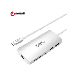 هاب USB3.1 Type-C با قابلیت تبدیل دیتا LAN و تصویر HDMI و کارت خوان برند یونیتک مدل Y-9115 - ایلیا کامپیوتر