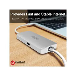 هاب USB3.1 Type-C با قابلیت تبدیل دیتا LAN و تصویر HDMI و کارت خوان برند یونیتک مدل Y-9115 - ایلیا کامپیوتر