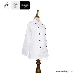 پیراهن آشپزی زنانه دو ردیف دکمه یقه مغزی دوزی شده رنگ سفید روهمگرد دار کد 26737