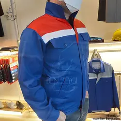 کاپشن شلوار کار مردانه مهندسی مدل چهارجیب جلو زیپ دار قاپک دار شلوار جیب دار کمر کشی رنگ آبی شالی خرجکار قرمز کد 17642