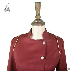 مانتو شلوار فرم اداری روهمگرد دار یقه ایستاده مغزی دوزی طلایی رنگ زرشکی کد 10132