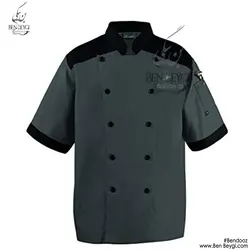 پیراهن آشپزی آستین کوتاه یقه ایستاده دوردیف دکمه مشکی طوسی کد 9501