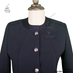 مانتو شلوار فرم اداری بادمجانی یقه گرد مغزی دوزی جیب دار کد 7485