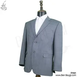 کت و شلوار مردانه فرم اداری پارچه فاستونی طرح چهارخانه رنگ طوسی آبی یقه انگلیسی کد RAM5378