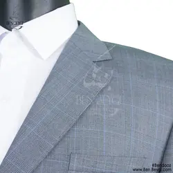 کت و شلوار مردانه فرم اداری پارچه فاستونی طرح چهارخانه رنگ طوسی آبی یقه انگلیسی کد RAM5378