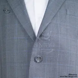 کت و شلوار مردانه فرم اداری پارچه فاستونی طرح چهارخانه رنگ طوسی آبی یقه انگلیسی کد RAM5378