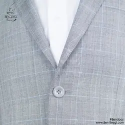 کت و شلوار فرم اداری مردانه پارچه فاستونی رنگ طوسی طرح چهارخانه خط آبی یقه انگلیسی کد RAM5366