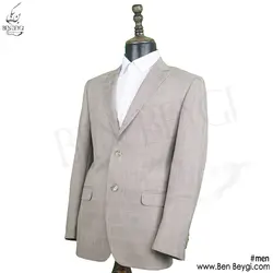 کت و شلوار فرم اداری مردانه پارچه فاستونی رنگ کرم طرح چهارخانه خط آبی یقه انگلیسی کد RAM5362