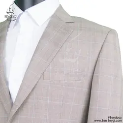 کت و شلوار فرم اداری مردانه پارچه فاستونی رنگ کرم طرح چهارخانه خط آبی یقه انگلیسی کد RAM5362