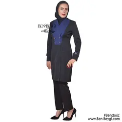 مدل مانتو و شلوار اداری چهار دکمه خرجکار آبی کاربنی سرآستین پاگون دار کد 3568