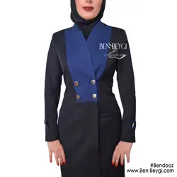 مدل مانتو و شلوار اداری چهار دکمه خرجکار آبی کاربنی سرآستین پاگون دار کد 3568