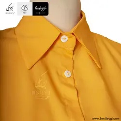 سارافون شومیز رنگ نارنجی و مشکی پاگون دار تک ردیف دکمه کد 29393