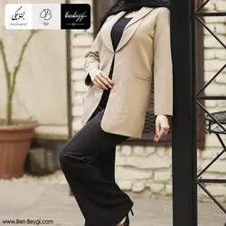 مانتو شلوار اداری | پارچه کرپ مازراتی | رنگ کرم یقه آرشال دوبل بدون دکمه کد 30182